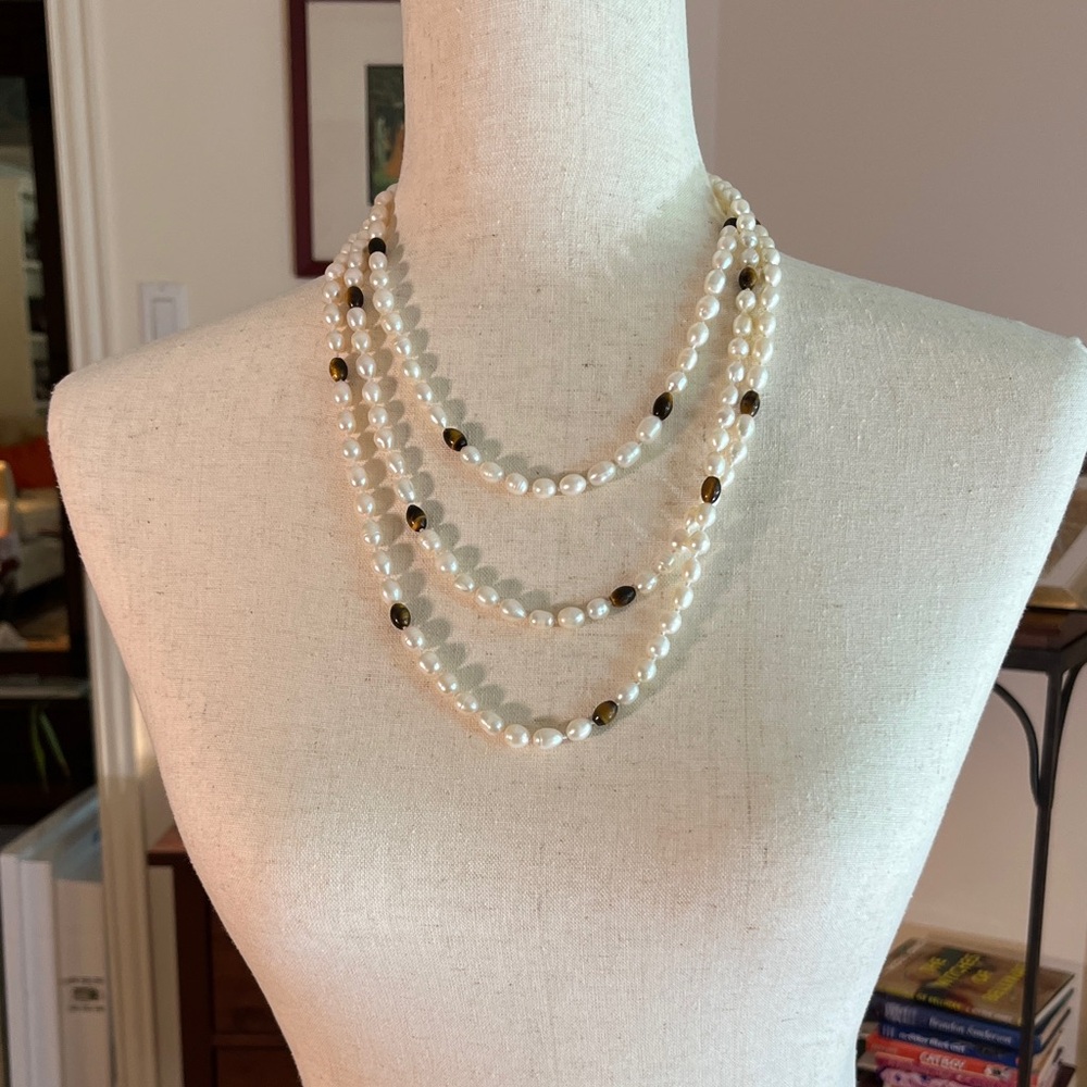 Elegant Fresh Water Pearl and Amber 33 Inch Necklace